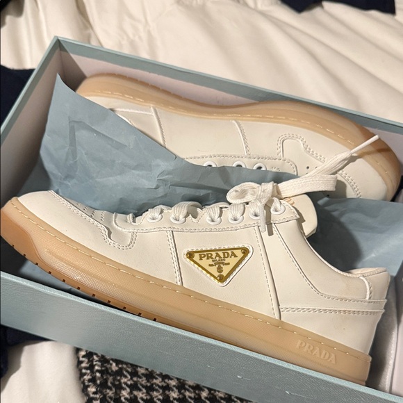 Prada Cream Sneakers with Brown Accents - Picture 1 of 7